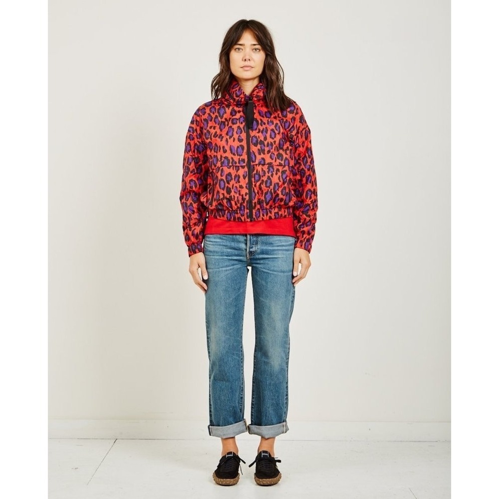 Kenzo Jacket Women's XS Red Leopard Animal Print Tech Zip Up Hooded Windbreaker